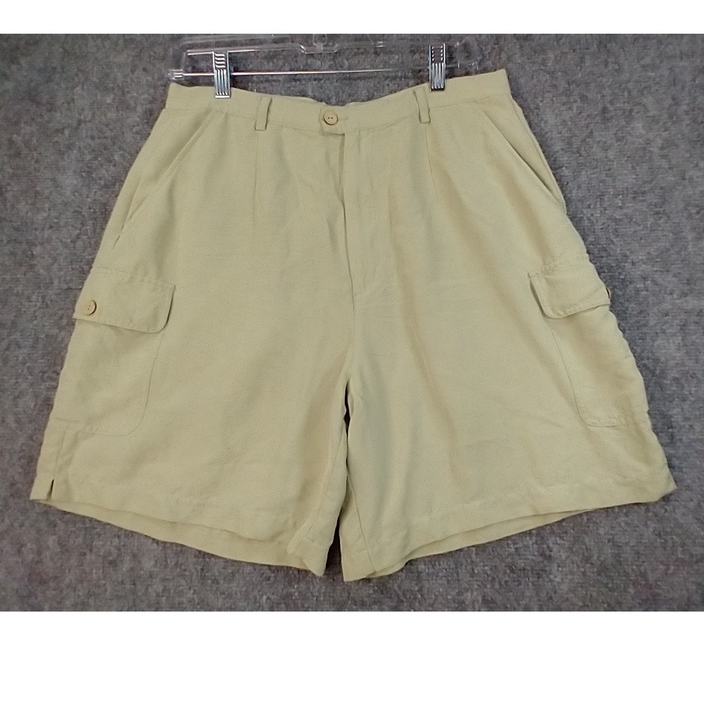 Tommy Bahama Womens 14 Khaki Tan 100% Silk Cargo Shorts High Rise Tropical